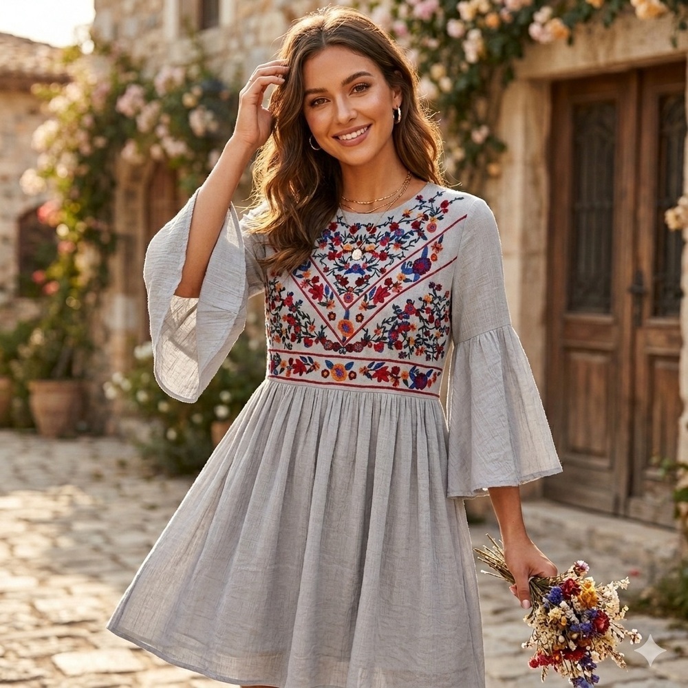 Umgee Boho Bliss Embroidered Bell SleeveBoho Mini Dress in Cool Gray